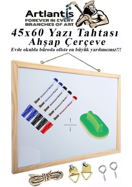 Duvara Monte Beyaz Yazı Tahtası 45X60 cm 1 Adet Yazı Tahta Kalemi ve Silgisi Laminant Yazı Tahtası Ahşap Çerçeveli Askılı Okul Ofis Büro