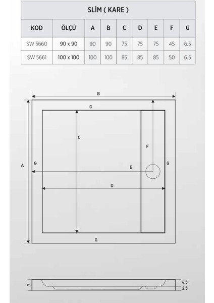90X90 Kare Slim Flat Duş Teknesi (H:5 Cm) fiyatları