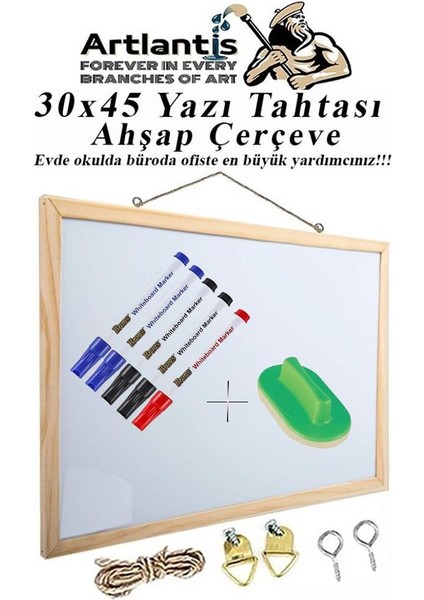 Duvara Monte Beyaz Yazı Tahtası 30X45 cm 1 Adet Yazı Tahta Kalemi ve Silgisi Laminant Yazı Tahtası Ahşap Çerçeveli Askılı Okul Ofis Büro