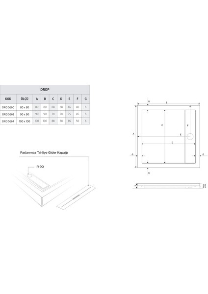 80X80 Drop Kare Flat Duş Teknesi (H:5 Cm)