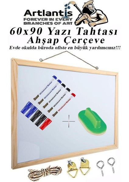 Duvara Monte Beyaz Yazı Tahtası 60X90 cm 1 Adet Yazı Tahta Kalemi ve Silgisi Laminant Yazı Tahtası Ahşap Çerçeveli Askılı Okul Ofis Büro