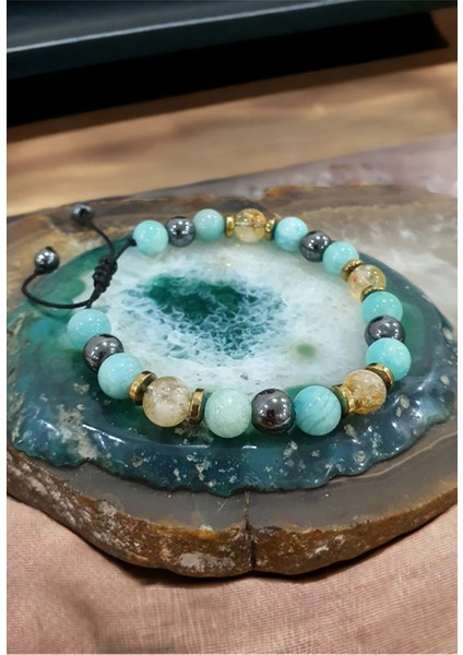 Amazonit, Sitrin, Hematit Unisex Doğal Taş 8 mm 52025ASH777 Bileklik