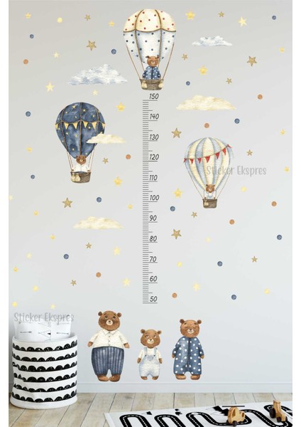 Ayıcıklı Uçan Balonlar Boy Cetveli Boy Ölçer Çocuk Odası Duvar Sticker Seti