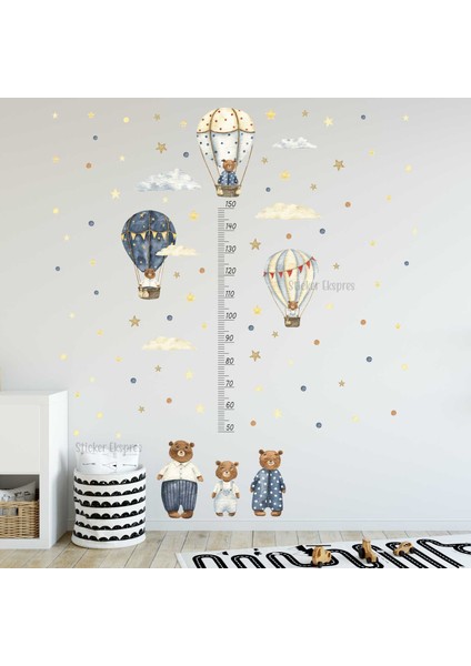 Ayıcıklı Uçan Balonlar Boy Cetveli Boy Ölçer Çocuk Odası Duvar Sticker Seti