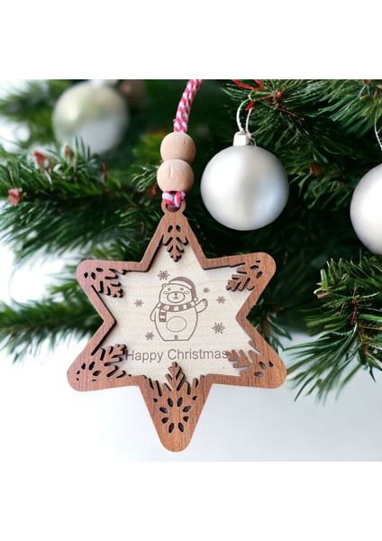 Yıldız Şeklinde Yılbaşı Ağaç Süsü, Sevimli Ayı ve Merry Christmas Işlemeli Yılbaşı Çam Ağacı Süsü, Minimalist Yılbaşı Dekoru