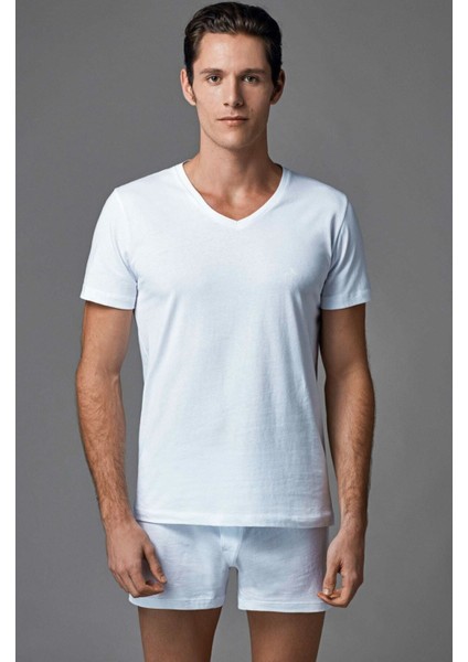 Erkek Beyaz V Yaka T-Shirt 2 Li ERS039