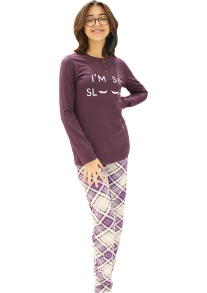 Kadın Iki Düğme Düz Paça Uzun Kol Pijama Takımı