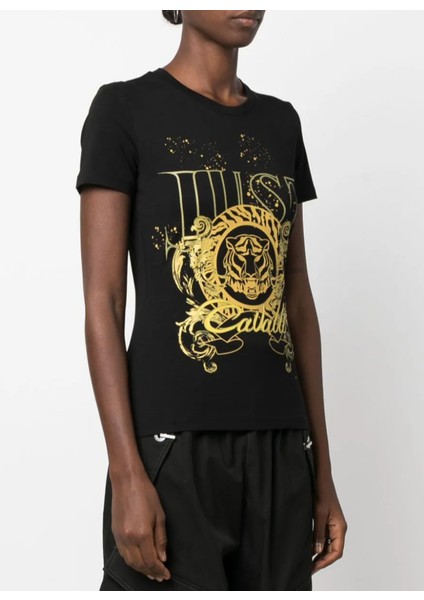 Bisiklet Yaka Baskılı Siyah Kadın T-Shirt 75PAHF03