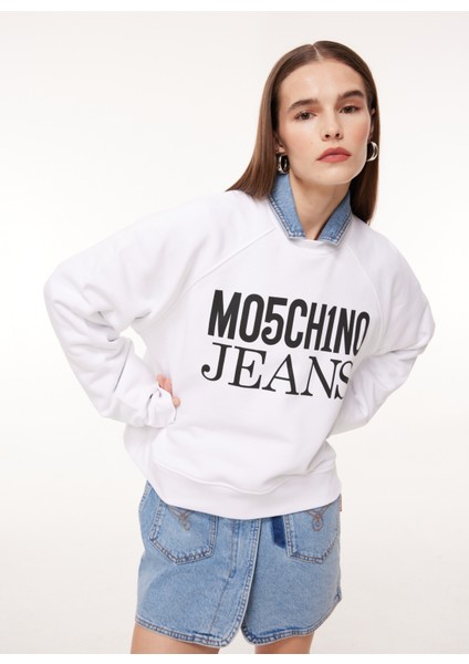 Jeans Bisiklet Yaka Düz Beyaz Kadın Sweatshırt J1714