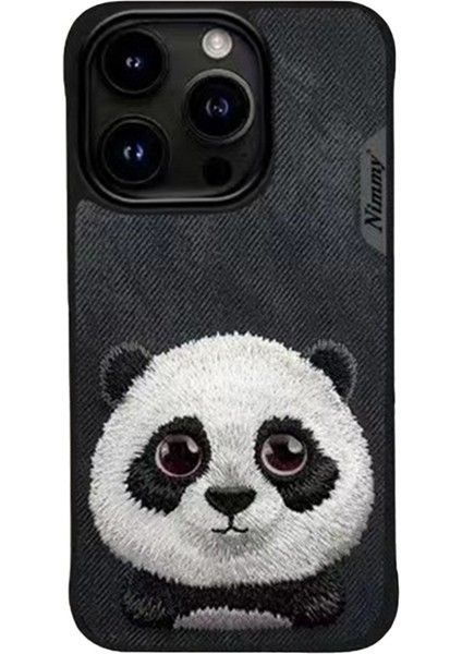 iPhone 15 Pro Panda Serisi Nakış İşlemeli Detaylı 3D Siyah Telefon Kılıfı