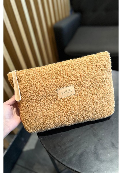 Kadın Camel Peluş Teddy Clutch Portföy Çanta