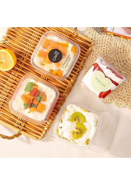 03 50 Adet Kapaklı Puding Smoothie Köpük Kare 400 ml Buzsuz Çıkartmalar 50 Adet Kutu Tek Kullanımlık Bardak Yaz Kek Krem Plastik Tatlı (Yurt Dışından)