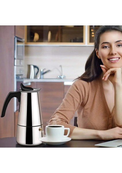 4CUPS-200ML-A 600ML Büyük Kapasiteli Paslanmaz Çelik 304 Moka Pot Kahve Makinesi Soba Üstü Espresso Makinesi Mixpresso Kahve 2-12CUP (Yurt Dışından)
