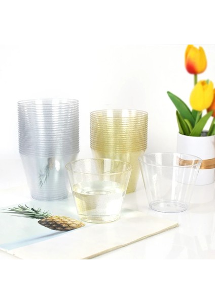 B01 5 Adet/grup Altın Tozu Plastik Bardak 9 Oz Sert Tek Kullanımlık Bardak Plastik Şarap Bardağı Parti Düğün Şarap Bardağı Şeffaf Plastik Bardak (Yurt Dışından)