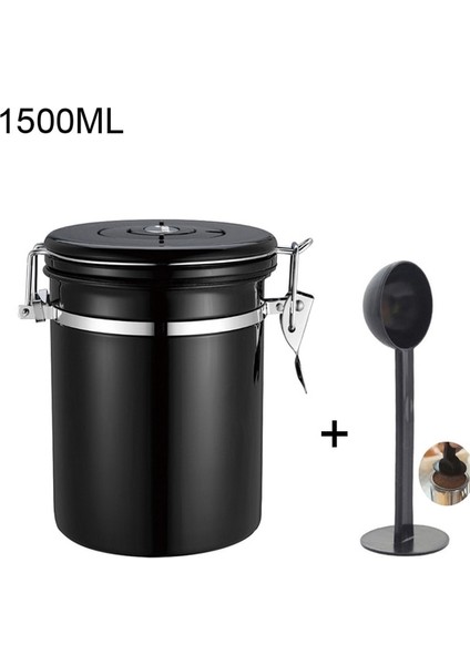 Siyah 1500 ml Paslanmaz Çelik Hava Geçirmez Kahve Kavanoz Teneke Kutu 700 ML/1400 ml Kahve Çekirdekleri Çay Kahve Konteyner Saklama Kabı Kaşıkla Set (Yurt Dışından)