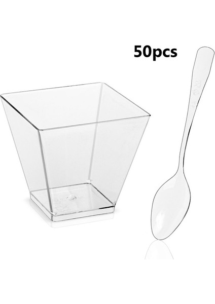 50 Adet Bardak Kaşık 50 Adet Tek Kullanımlık Sert Plastik Köpükler Tatlı Bardağı Şeffaf Trapez Gıda Kabı Altın Tozu Sofra Seti (Yurt Dışından)