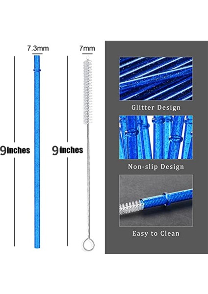 Mavi 12 Adet Yeniden Kullanılabilir Şeffaf Mavi Glitter Pipetler, 9 "uzun Sert Plastik Bardak Temizleme Fırçası ile Pipetler Içme (Yurt Dışından)