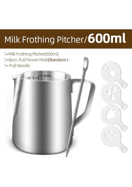 600ML Ölçek Seti Paslanmaz Çelik Süt Köpürtme Sürahi Espresso Kahve Latte Fincan Köpüklendirme Sürahi Cappuccino Süt Krem Pot Mutfak Aksesuarları (Yurt Dışından)