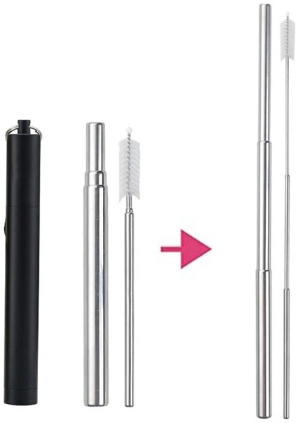 Siyah 304 Paslanmaz Çelik Pipetler, Kılıflı Yeniden Kullanılabilir Taşınabilir Teleskopik Pipetler ve Temizleme Fırçası (Yurt Dışından)
