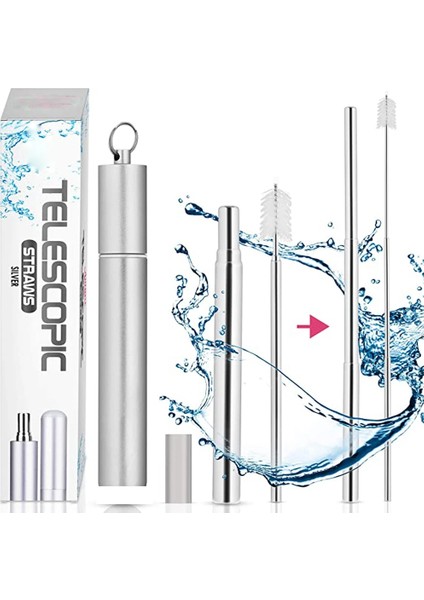 Siyah 304 Paslanmaz Çelik Pipetler, Kılıflı Yeniden Kullanılabilir Taşınabilir Teleskopik Pipetler ve Temizleme Fırçası (Yurt Dışından)