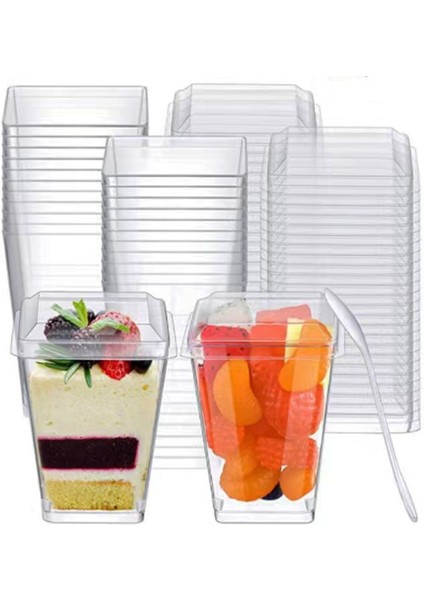Flate Kapak 100 Adet 50/100 Adet Plastik Tatlı Bardak Kapaklı Kapaklı SPOONS150ML Bardak Köpük Meyve Tepsisi Bardak Doğum Günü Partisi Düğün Için (Yurt Dışından)
