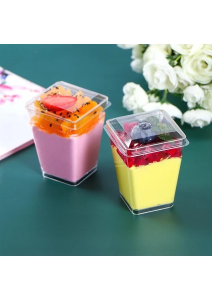 Flate Kapak 100 Adet 50/100 Adet Plastik Tatlı Bardak Kapaklı Kapaklı SPOONS150ML Bardak Köpük Meyve Tepsisi Bardak Doğum Günü Partisi Düğün Için (Yurt Dışından)