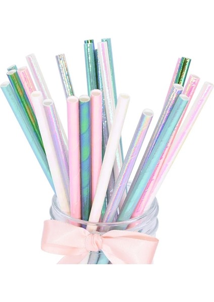 B02-PINK 50 Adet 25/50 Adet Sedefli Pembe Gümüş Tek Kullanımlık Kağıt Saman Folyo Lazer Gökkuşağı Saman Doğum Günü Düğün Noel Partisi Malzemeleri (Yurt Dışından) modelleri