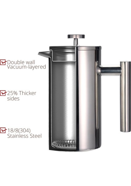 350ML En Iyi French Press Kahve Makinesi - Çift Duvar 304 Paslanmaz Çelik - Demlenmiş Kahve Veya Çayı Sıcak Tutar 3 Boyut (Yurt Dışından)