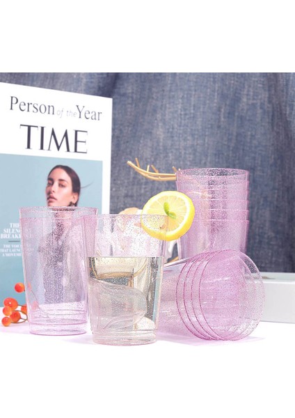 Altın Pembe 20 Adet 12 Oz Tek Kullanımlık Bardak Şeffaf Altın Pembe Glitter Plastik Retro Cam Düğün Ziyafet Doğum Günü Partisi Sofra Malzemeleri (Yurt Dışından)
