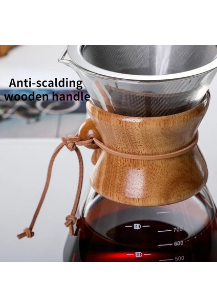 800 ml El Demlemek Kahve Filtresi Yüksek Borosilikat Cam Kahve Paylaşım Potu Dereceli Ahşap Yonga Kolu El Damla Filtresi Pot (Yurt Dışından)