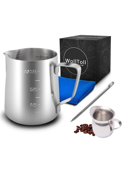 350 ml ve 50 ml Süt Sürahi Frothering Fincan Paslanmaz Çelik Gümüş Kahve Çelenk Iğne Havlu Temizleme Aracı Seti Barista Craft Latte Cappuccino (Yurt Dışından)