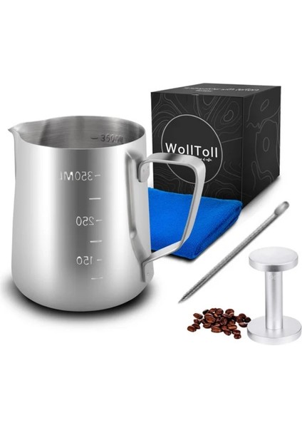350 ml ve 50 ml Süt Sürahi Frothering Fincan Paslanmaz Çelik Gümüş Kahve Çelenk Iğne Havlu Temizleme Aracı Seti Barista Craft Latte Cappuccino (Yurt Dışından)