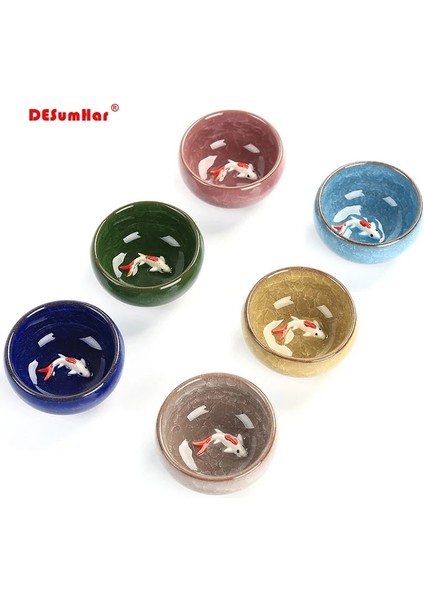C 6 Adet Seramik 3D Altın Balık Çin Çay Bardağı Seti, Kung Fu Çay Seti Crackle Sır Seyahat Çay Kase Çin Porselen Çay Fincanı Setleri (Yurt Dışından)