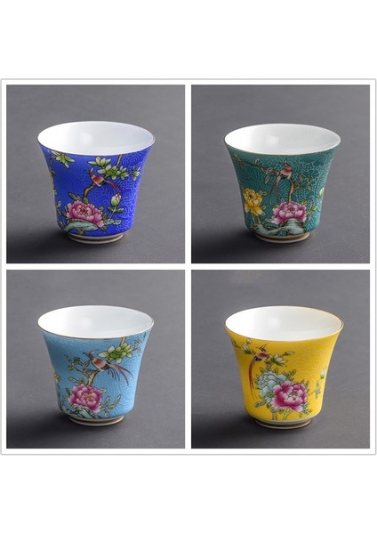 F 5.8x5 cm 55 ml 4 Adet 4 Adet/takım Jingdezhen Zarif Seramik Çay Fincanı El Boyalı Çiçekler ve Kuşlar Emaye Çay Seti Seyahat Taşınabilir Çay Kasesi Ana Fincan (Yurt Dışından)