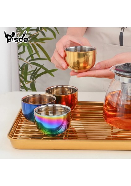 Mavi 4 Adet 4/8 Adet Çay Bardağı Paslanmaz Çelik Çay Bardağı Setleri Tepsi ve Çıkarılabilir Tutucu ile Altın Kupa Çift Katmanlı Anti-Haşlanma Bardak Teaware (Yurt Dışından)