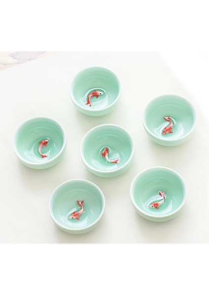 40ML Altı Parçalı Set 6 Adet Seladonlar Altın Balık Çin Çay Bardağı Seti, Kung Fu Kil Zi Sha Crackle Sır Seyahat Çay Kase Çin Porselen Çay Fincanı Seti (Yurt Dışından)