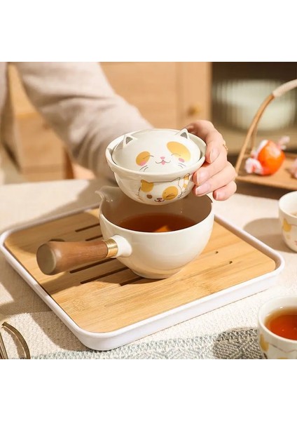 Fincan x 1 Karikatür Kedi Seramik Çaydanlık Ahşap Saplı Yan Saplı Pot Tepsi ile Kung Fu Filtre Çay Makinesi Yaratıcı Çömlek Teaware Seyahat Çantası (Yurt Dışından) fırsatları