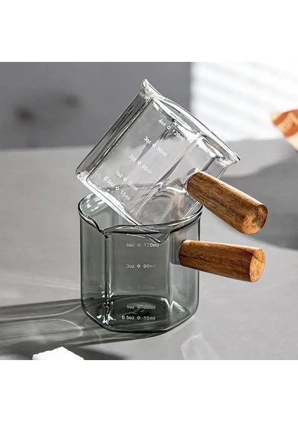 Göl Yeşili Ölçüm Bardak Ahşap Saplı Cam Espresso Ölçüm Fincan Isıya Dayanıklı Eğik Borulu Süt Sürahisi Şeffaf Mutfak Ölçü Kupa (Yurt Dışından)