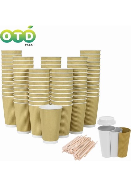 12 Oz Kombo Set 20 Adet Çift Duvarlı Kapaklı Kağıt Bardak, Kahverengi Yalıtımlı Dalgalanma Çay Bardağı Seyahate ÇIKMA[8/12/16OZ Bardak+Kapak+Karıştırıcı 20 Adet] (Yurt Dışından)