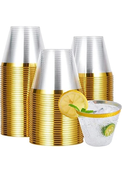 Altın 10 Adet Tek Kullanımlık Altın Plastik Bardaklar 9 Oz Şeffaf Bardak Altın Jantlı Kokteyl Bardakları Içecek Bardakları Parti Düğün Kızartma Gözlük (Yurt Dışından)