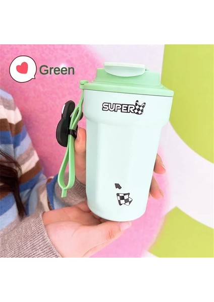 Yeşil Kordon -420ML 316 Paslanmaz Çelik Yalıtım Kabı Yüksek Değerli Sevimli Karikatür Su Bardağı Kahve Fincanı Süt Çay Bardağı Sızdırmaz Taşınabilir Açık Bardak (Yurt Dışından)