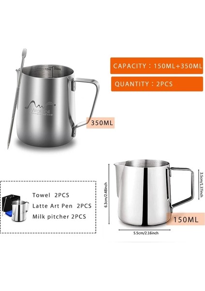 150 ml ve 350 ml Süt Sürahi Frothering Fincan Paslanmaz Çelik Gümüş Kahve Garland Iğne Havlu Temizleme Aracı Seti Barista Craft Latte Cappuccino (Yurt Dışından)