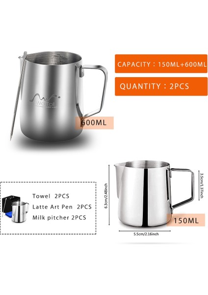 150 ml ve 350 ml Süt Sürahi Frothering Fincan Paslanmaz Çelik Gümüş Kahve Garland Iğne Havlu Temizleme Aracı Seti Barista Craft Latte Cappuccino (Yurt Dışından)