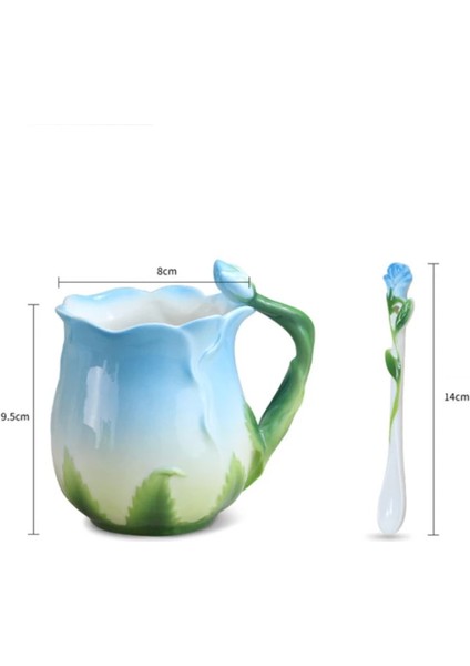 Kırmızı Noolım 3D Gül Kahve Fincanı Emaye Çay Bardağı Seti Kaşık Tabağı Yaratıcı Bardak Seramik Avrupa Kemik Çini Drinkware (Yurt Dışından)