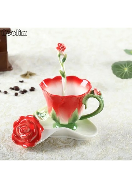 Kırmızı Noolım 3D Gül Kahve Fincanı Emaye Çay Bardağı Seti Kaşık Tabağı Yaratıcı Bardak Seramik Avrupa Kemik Çini Drinkware (Yurt Dışından) fiyatları