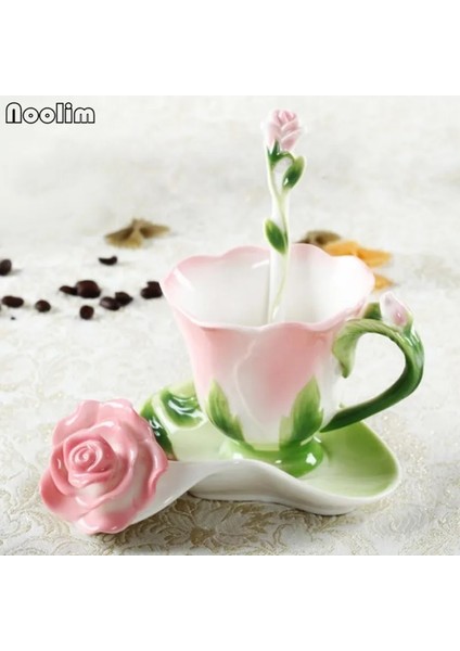 Kırmızı Noolım 3D Gül Kahve Fincanı Emaye Çay Bardağı Seti Kaşık Tabağı Yaratıcı Bardak Seramik Avrupa Kemik Çini Drinkware (Yurt Dışından) fırsatları