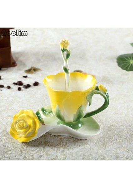 Kırmızı Noolım 3D Gül Kahve Fincanı Emaye Çay Bardağı Seti Kaşık Tabağı Yaratıcı Bardak Seramik Avrupa Kemik Çini Drinkware (Yurt Dışından) indirimleri