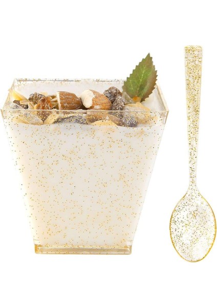 Temizle 100 Adet 100 Altın Parıltılı Kare Tatlı Bardak, Kaşıklı, Tek Kullanımlık 2 Oz Plastik Kaseler, Parti Tatlıları Meze Tadımı Için Harika (Yurt Dışından)