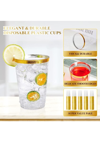 Temizle 50 Adet 75/50 Paket 12OZ Altın Plastik Bardaklar - Zarif Düğünler, Güzel Kutlamalar Için Premium Altın Çerçeveli Plastik Tek Kullanımlık Bardaklar Bardak (Yurt Dışından)