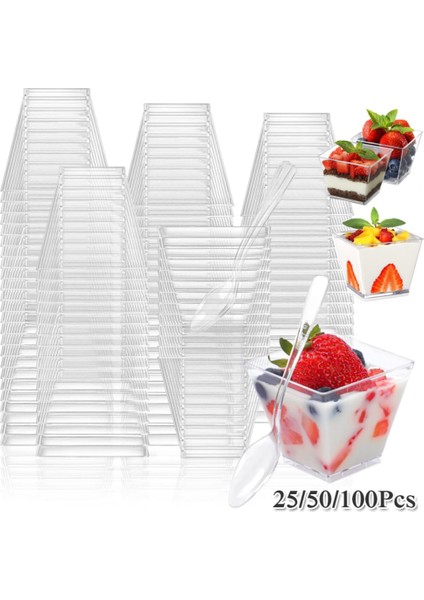 Kaşıklı Bardaklar 50 Adet 100 Paket 2 Oz Tek Kullanımlık Plastik Tatlı Bardak Doğum Günü Şeffaf Parti Dondurma Fincan Ev Noel Verilen (Yurt Dışından)